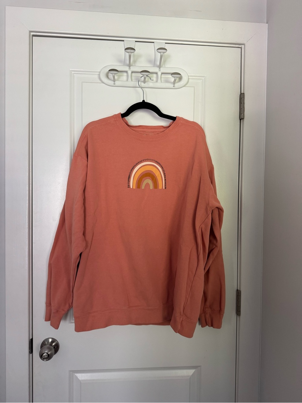 Women's Coral Crewneck Sweatshirt with Rainbow Graphic